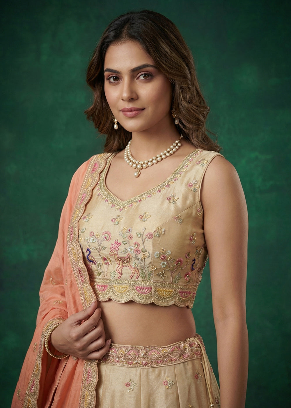 Buy Now Beige Tissue Zarkan Embroidered Wedding Lehenga Choli Online in US, UK, Canada, France, Italy, Germany, Sweden, Austria, UAE &amp; Worldwide at Empress.