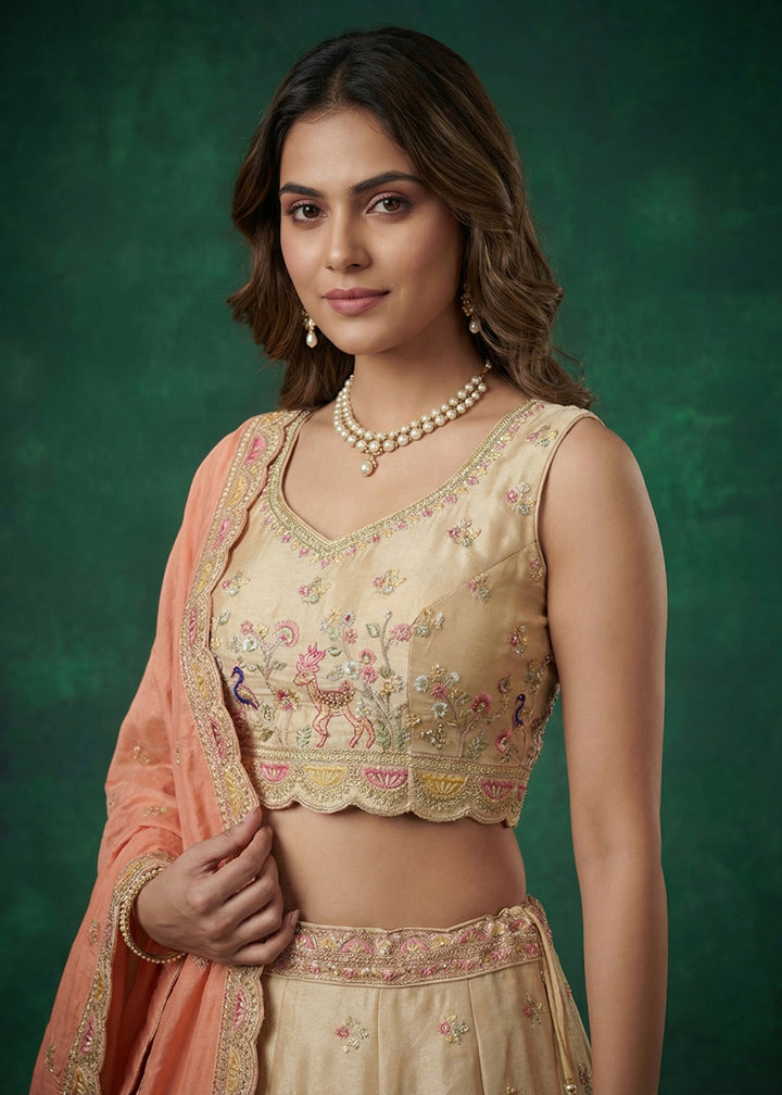 Buy Now Beige Tissue Zarkan Embroidered Wedding Lehenga Choli Online in US, UK, Canada, France, Italy, Germany, Sweden, Austria, UAE &amp; Worldwide at Empress.