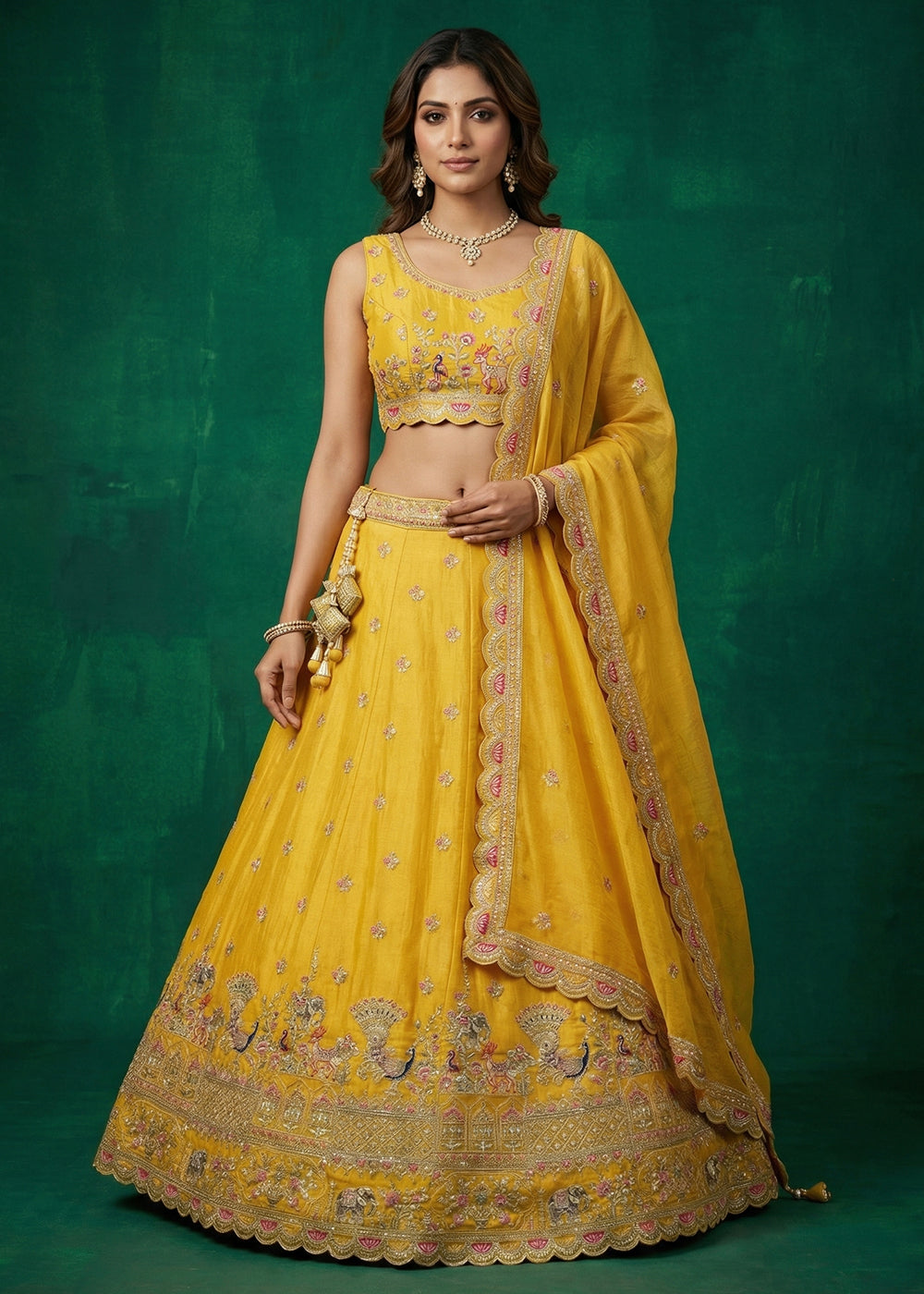 Buy Now Yellow Tissue Zarkan Embroidered Wedding Lehenga Choli Online in US, UK, Canada, France, Italy, Germany, Sweden, Austria, UAE & Worldwide at Empress.