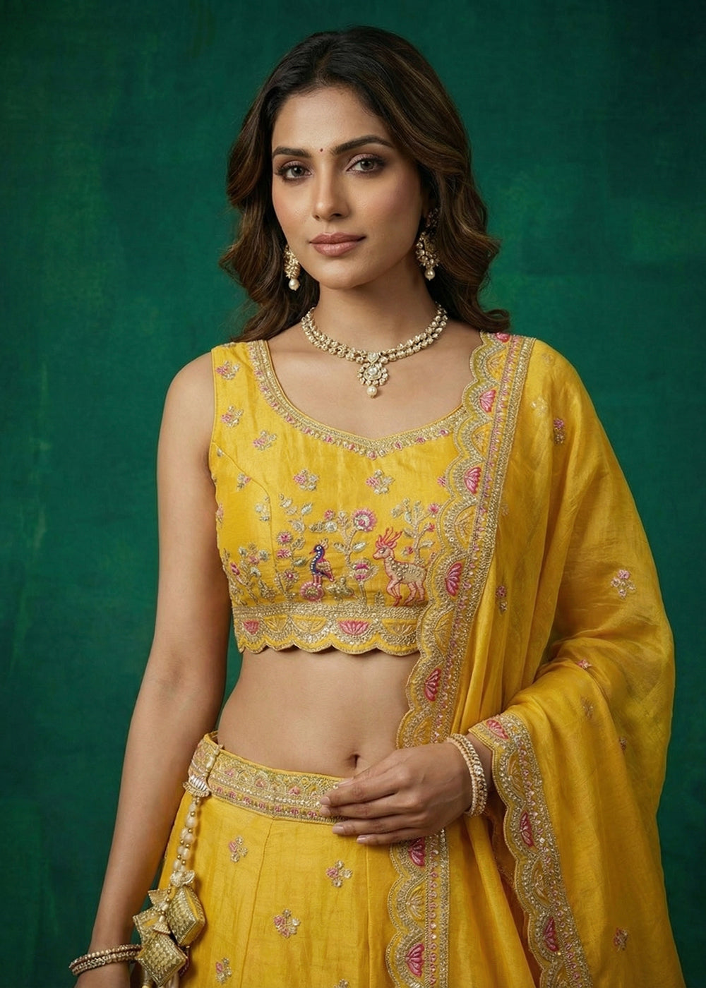 Buy Now Yellow Tissue Zarkan Embroidered Wedding Lehenga Choli Online in US, UK, Canada, France, Italy, Germany, Sweden, Austria, UAE & Worldwide at Empress.