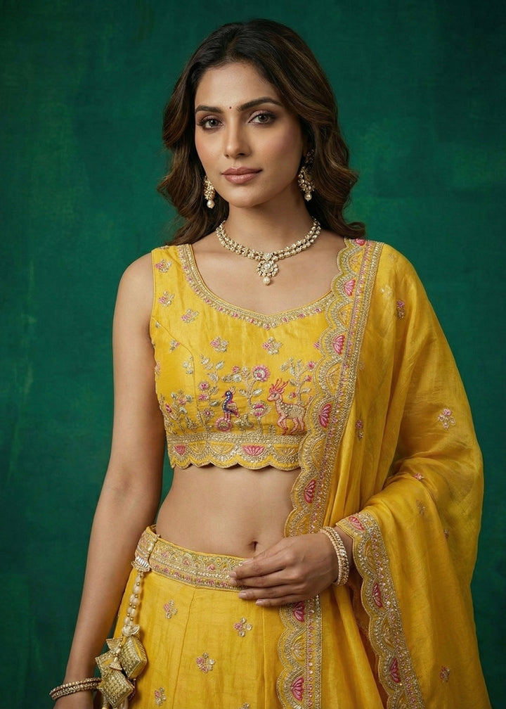 Buy Now Yellow Tissue Zarkan Embroidered Wedding Lehenga Choli Online in US, UK, Canada, France, Italy, Germany, Sweden, Austria, UAE &amp; Worldwide at Empress.