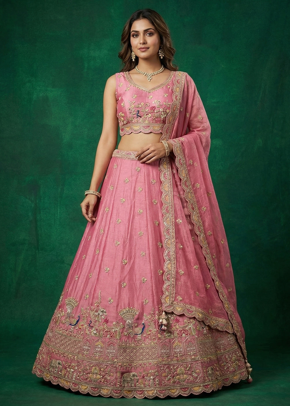 Buy Now Pink Tissue Zarkan Embroidered Wedding Lehenga Choli Online in US, UK, Canada, France, Italy, Germany, Sweden, Austria, UAE & Worldwide at Empress.
