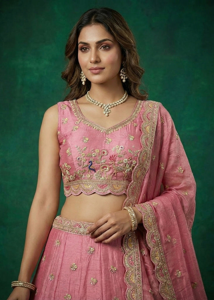 Buy Now Pink Tissue Zarkan Embroidered Wedding Lehenga Choli Online in US, UK, Canada, France, Italy, Germany, Sweden, Austria, UAE &amp; Worldwide at Empress.