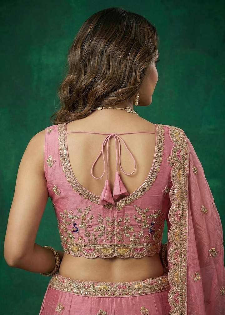 Buy Now Pink Tissue Zarkan Embroidered Wedding Lehenga Choli Online in US, UK, Canada, France, Italy, Germany, Sweden, Austria, UAE &amp; Worldwide at Empress.
