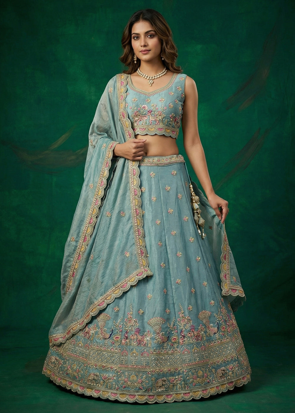 Buy Now Green Tissue Zarkan Embroidered Wedding Lehenga Choli Online in US, UK, Canada, France, Italy, Germany, Sweden, Austria, UAE & Worldwide at Empress.