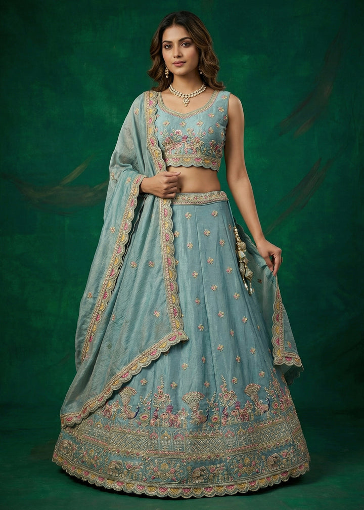 Buy Now Green Tissue Zarkan Embroidered Wedding Lehenga Choli Online in US, UK, Canada, France, Italy, Germany, Sweden, Austria, UAE &amp; Worldwide at Empress.