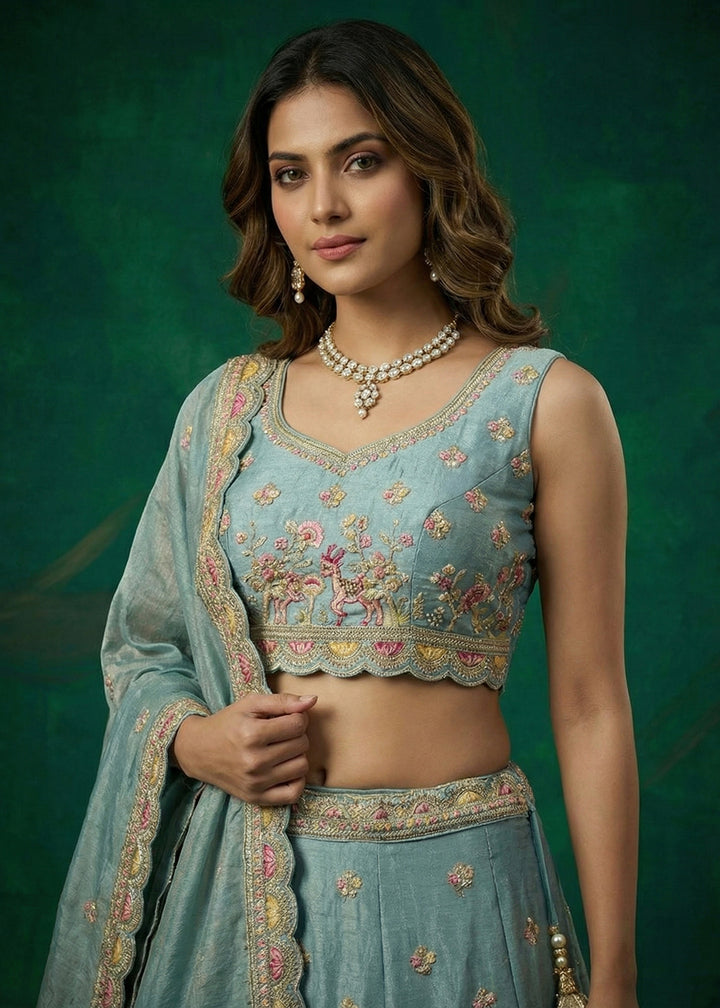 Buy Now Green Tissue Zarkan Embroidered Wedding Lehenga Choli Online in US, UK, Canada, France, Italy, Germany, Sweden, Austria, UAE &amp; Worldwide at Empress.