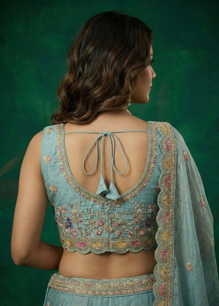 Buy Now Green Tissue Zarkan Embroidered Wedding Lehenga Choli Online in US, UK, Canada, France, Italy, Germany, Sweden, Austria, UAE &amp; Worldwide at Empress.