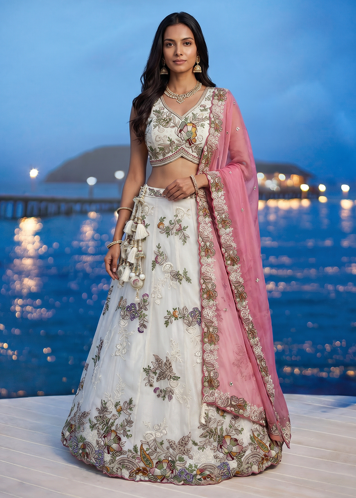 Buy Now Cream Tissue Woolen Embroidered Wedding Party Lehenga Choli Online in US, UK, Canada, France, Italy, Germany, Sweden, Austria, UAE &amp; Worldwide at Empress.