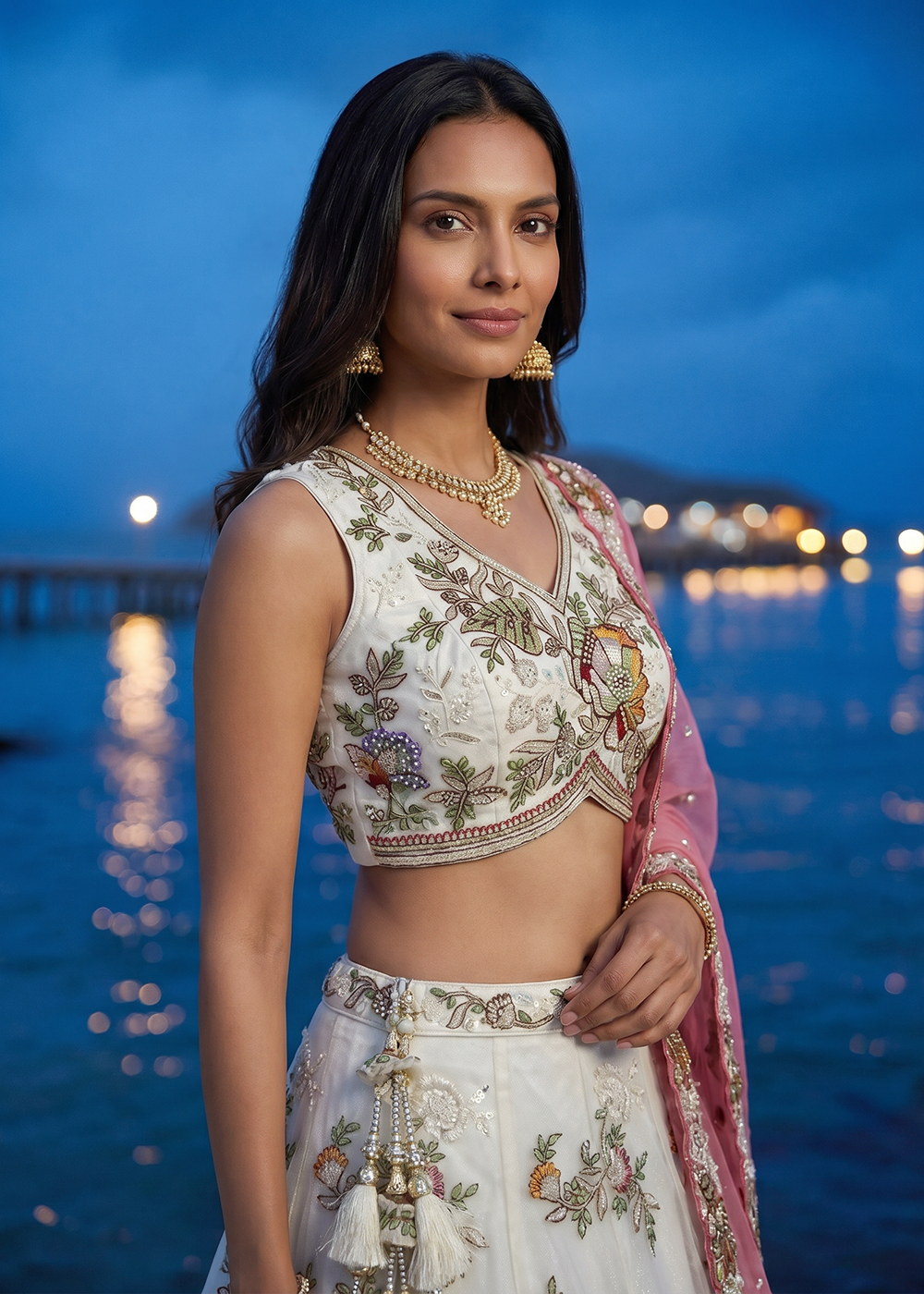 Buy Now Cream Tissue Woolen Embroidered Wedding Party Lehenga Choli Online in US, UK, Canada, France, Italy, Germany, Sweden, Austria, UAE & Worldwide at Empress.