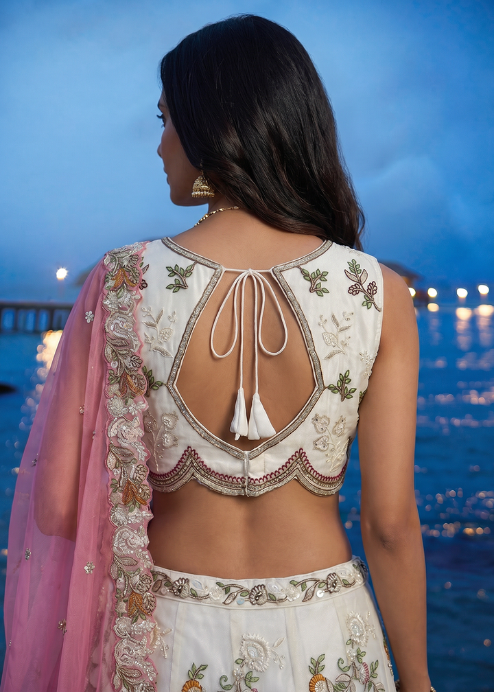 Buy Now Cream Tissue Woolen Embroidered Wedding Party Lehenga Choli Online in US, UK, Canada, France, Italy, Germany, Sweden, Austria, UAE &amp; Worldwide at Empress.