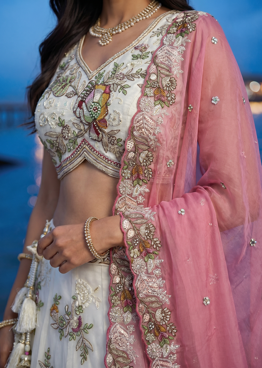 Buy Now Cream Tissue Woolen Embroidered Wedding Party Lehenga Choli Online in US, UK, Canada, France, Italy, Germany, Sweden, Austria, UAE &amp; Worldwide at Empress.