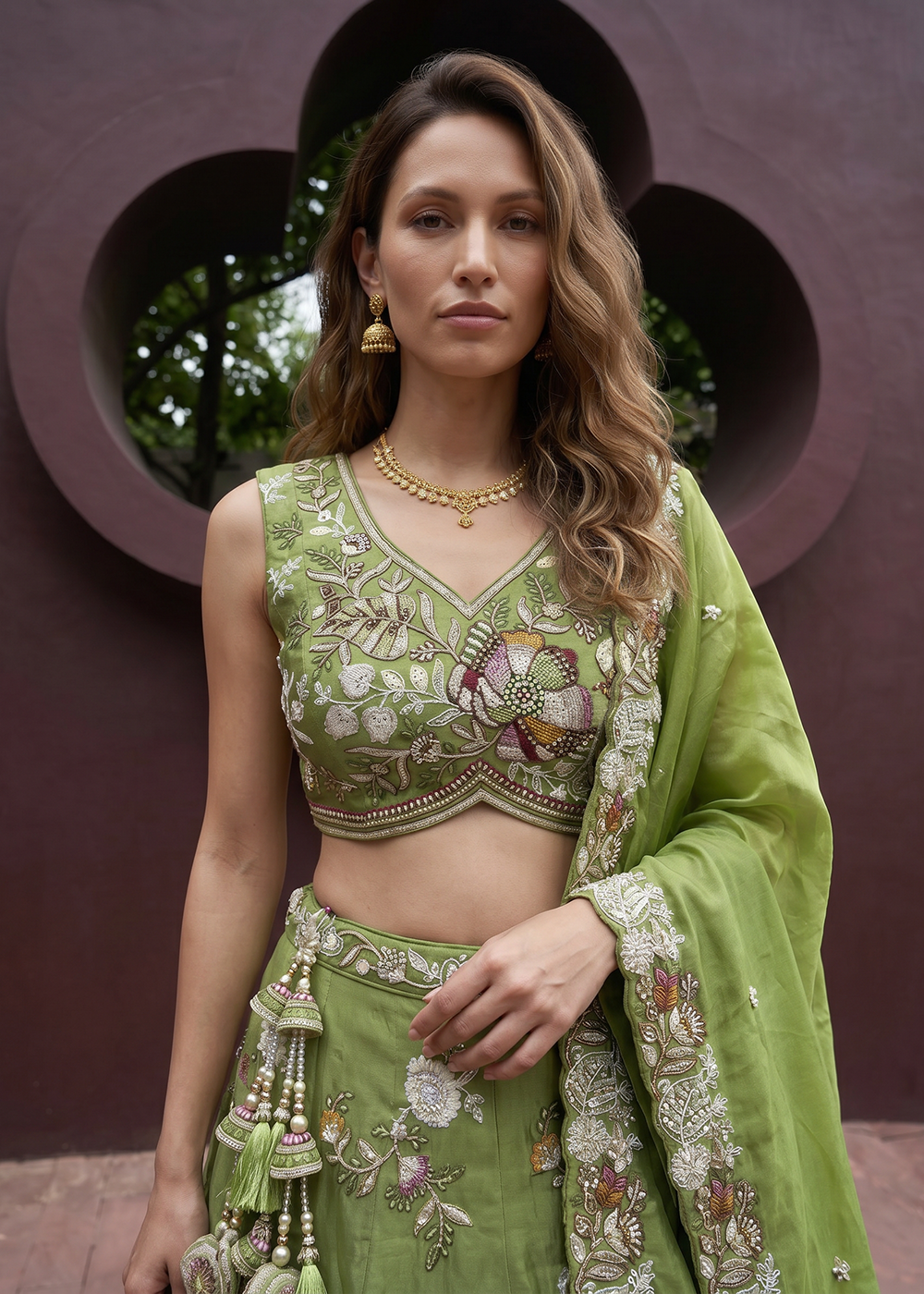 Buy Now Green Tissue Woolen Embroidered Wedding Party Lehenga Choli Online in US, UK, Canada, France, Italy, Germany, Sweden, Austria & Worldwide at Empress.