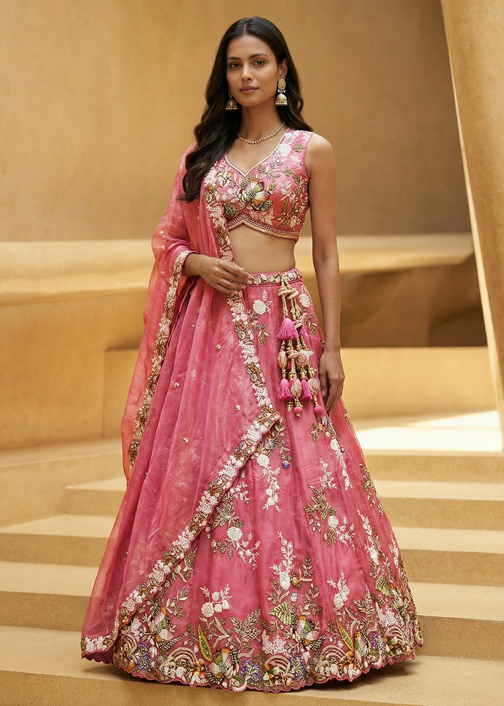 Buy Now Pink Tissue Woolen Embroidered Wedding Party Lehenga Choli Online in US, UK, Canada, France, Italy, Germany, Sweden, Austria &amp; Worldwide at Empress.