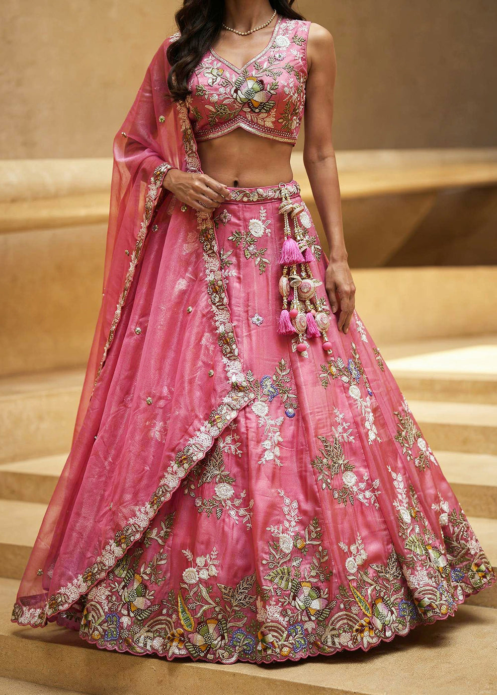 Buy Now Pink Tissue Woolen Embroidered Wedding Party Lehenga Choli Online in US, UK, Canada, France, Italy, Germany, Sweden, Austria &amp; Worldwide at Empress.