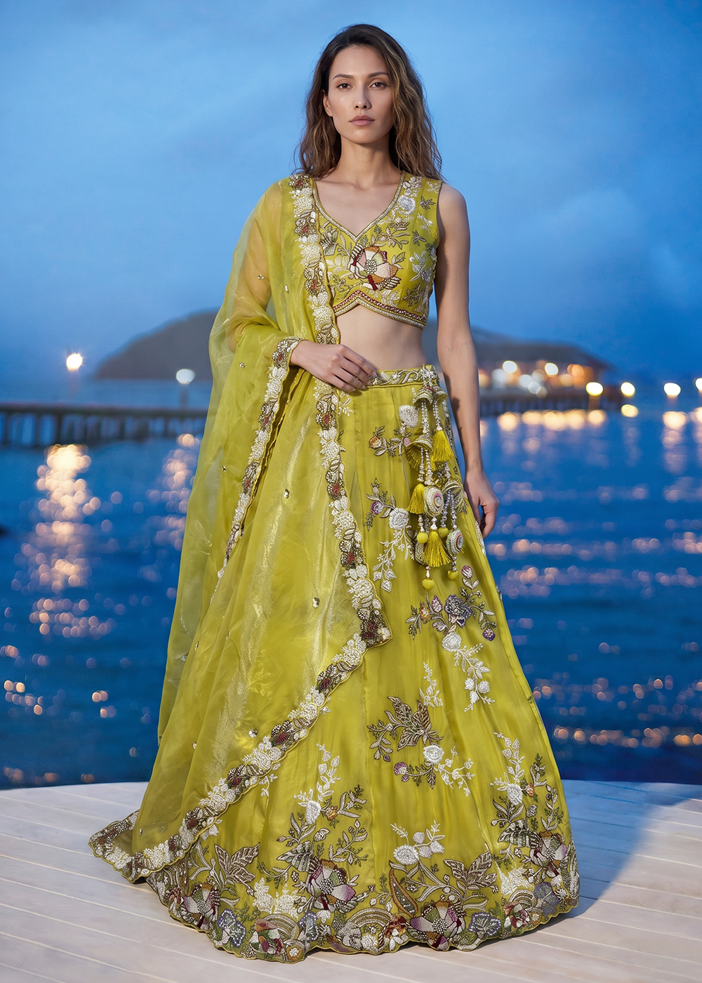 Buy Now Yellow Tissue Woolen Embroidered Wedding Party Lehenga Choli Online in US, UK, Canada, France, Italy, Germany, Sweden, Austria & Worldwide at Empress.