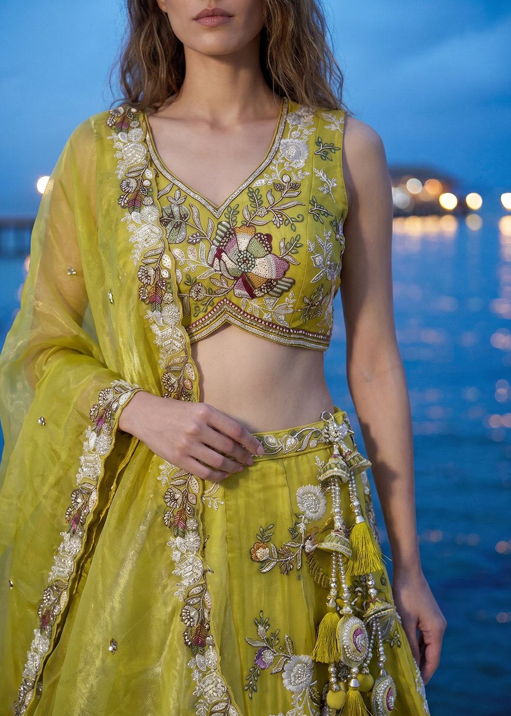 Buy Now Yellow Tissue Woolen Embroidered Wedding Party Lehenga Choli Online in US, UK, Canada, France, Italy, Germany, Sweden, Austria &amp; Worldwide at Empress.