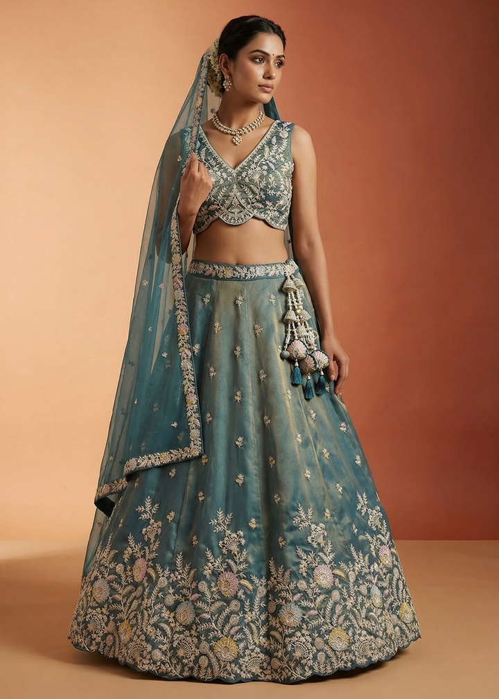 Buy Now Shaded Teal Moti with Embroidered Designer Lehenga Choli Online in US, UK, Canada, France, Italy, Germany, Sweden, Austria, UAE &amp; Worldwide at Empress.