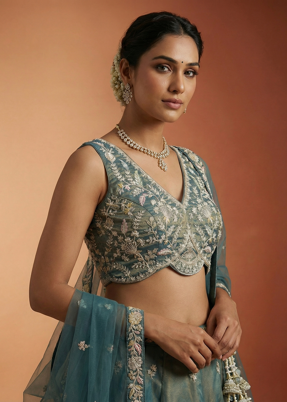 Buy Now Shaded Teal Moti with Embroidered Designer Lehenga Choli Online in US, UK, Canada, France, Italy, Germany, Sweden, Austria, UAE &amp; Worldwide at Empress.