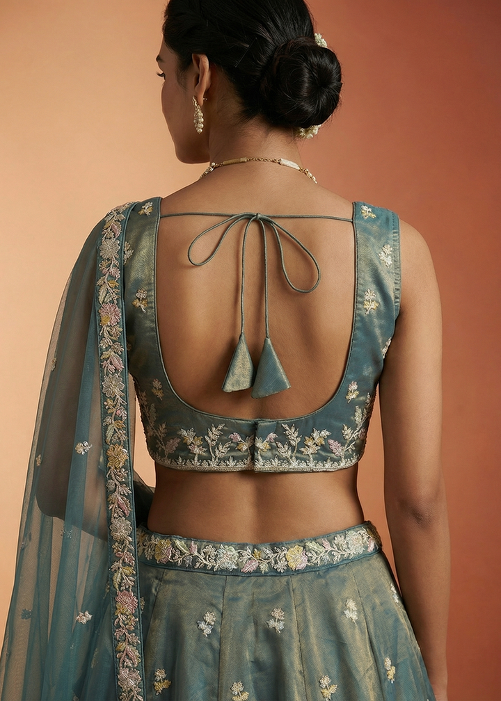 Buy Now Shaded Teal Moti with Embroidered Designer Lehenga Choli Online in US, UK, Canada, France, Italy, Germany, Sweden, Austria, UAE &amp; Worldwide at Empress.