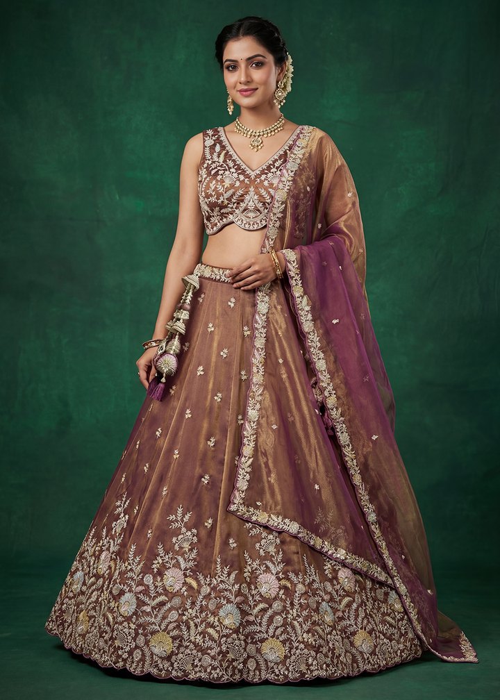 Buy Now Shaded Rust Moti with Embroidered Designer Lehenga Choli Online in US, UK, Canada, France, Italy, Germany, Sweden, Austria, UAE &amp; Worldwide at Empress.