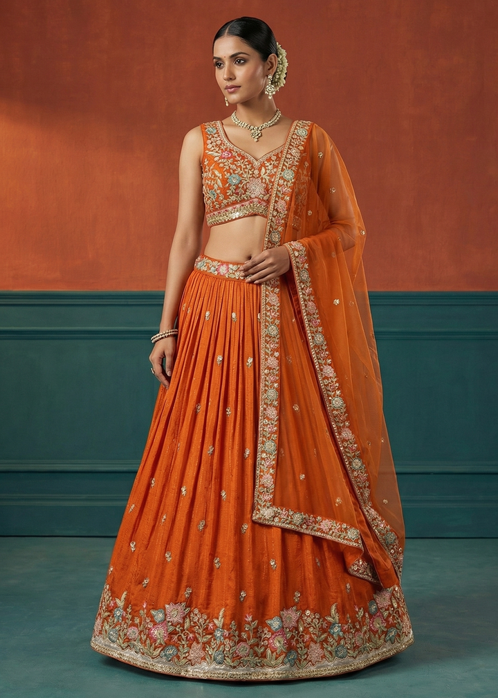 Buy Now Orange Georgette Sequins Embroidered Festive Lehenga Choli Online in US, UK, Canada, France, Italy, Germany, Sweden, Austria, UAE &amp; Worldwide at Empress.