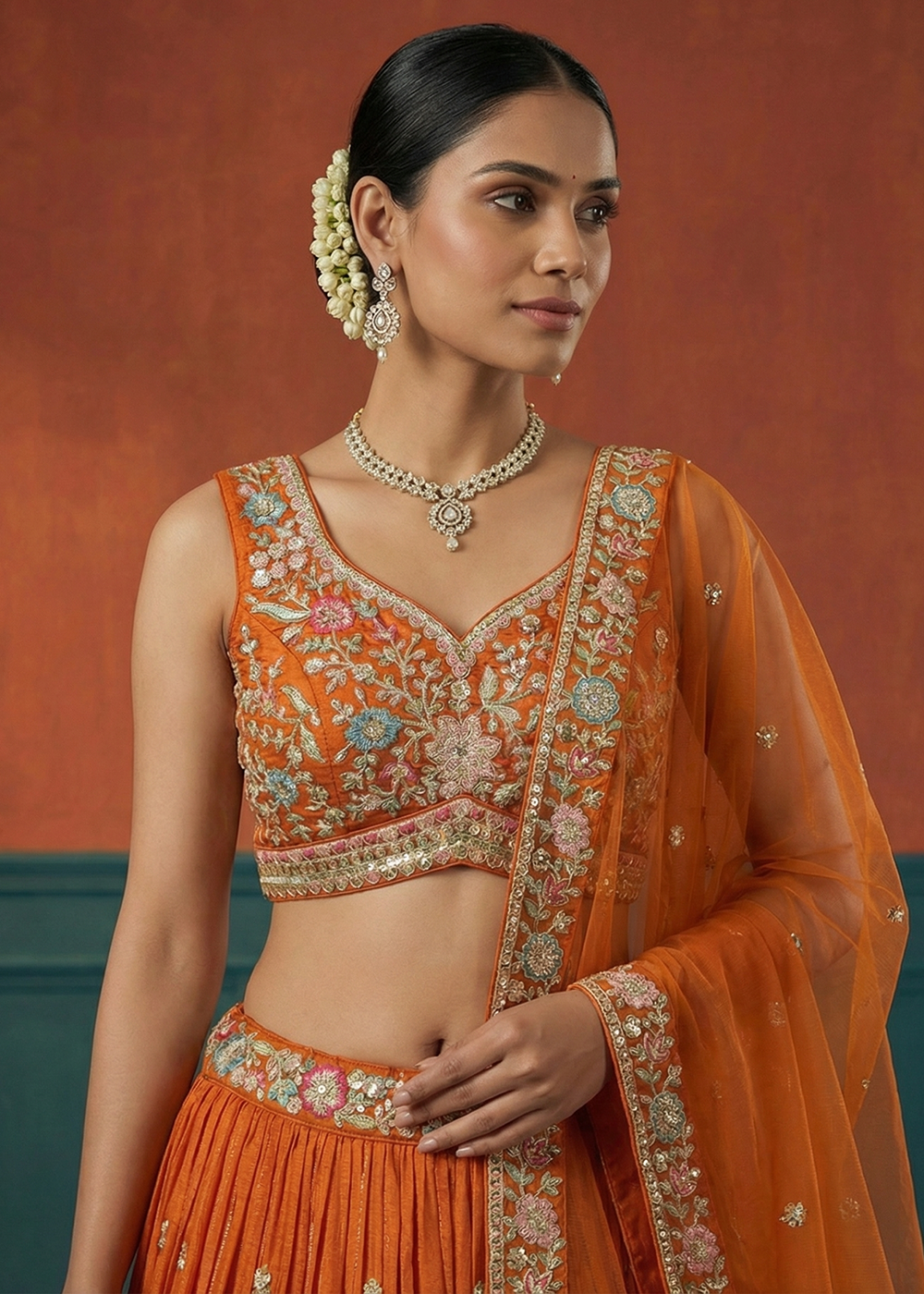 Buy Now Orange Georgette Sequins Embroidered Festive Lehenga Choli Online in US, UK, Canada, France, Italy, Germany, Sweden, Austria, UAE &amp; Worldwide at Empress.