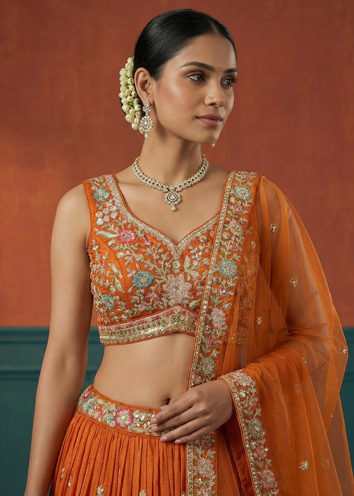 Buy Now Orange Georgette Sequins Embroidered Festive Lehenga Choli Online in US, UK, Canada, France, Italy, Germany, Sweden, Austria, UAE &amp; Worldwide at Empress.
