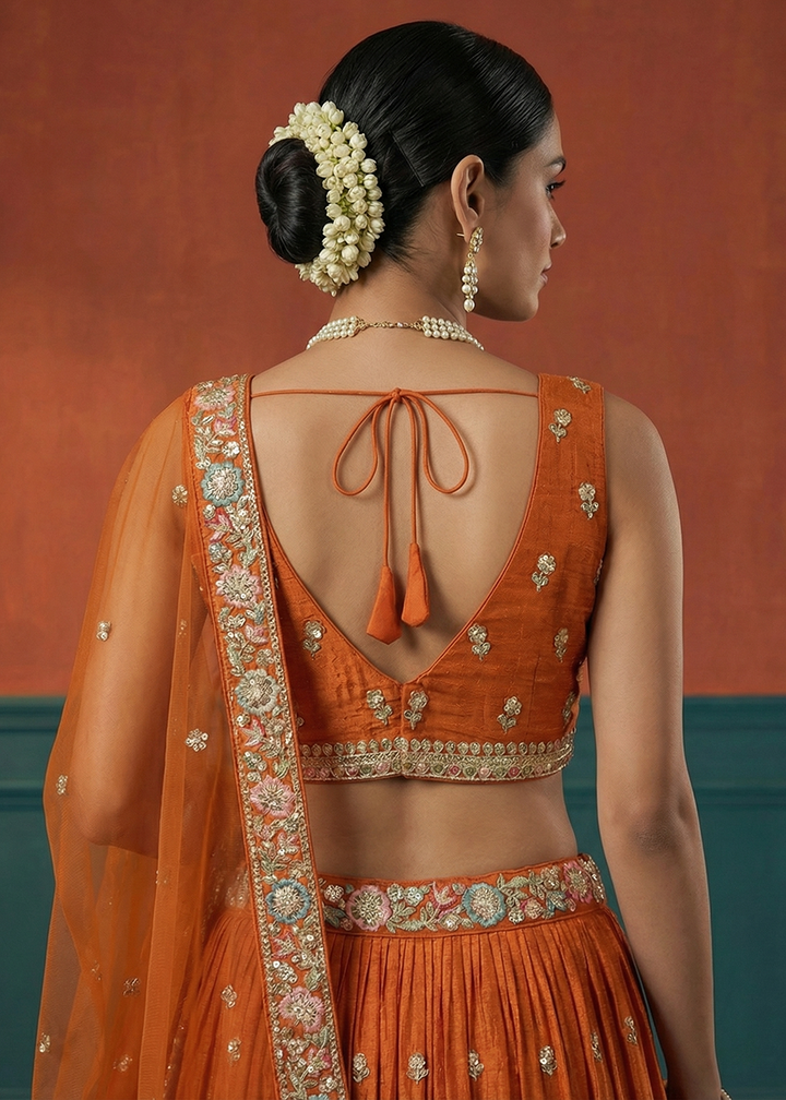 Buy Now Orange Georgette Sequins Embroidered Festive Lehenga Choli Online in US, UK, Canada, France, Italy, Germany, Sweden, Austria, UAE &amp; Worldwide at Empress.