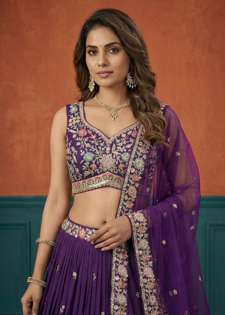 Buy Now Purple Georgette Sequins Embroidered Festive Lehenga Choli Online in US, UK, Canada, France, Italy, Germany, Sweden, Austria, UAE &amp; Worldwide at Empress