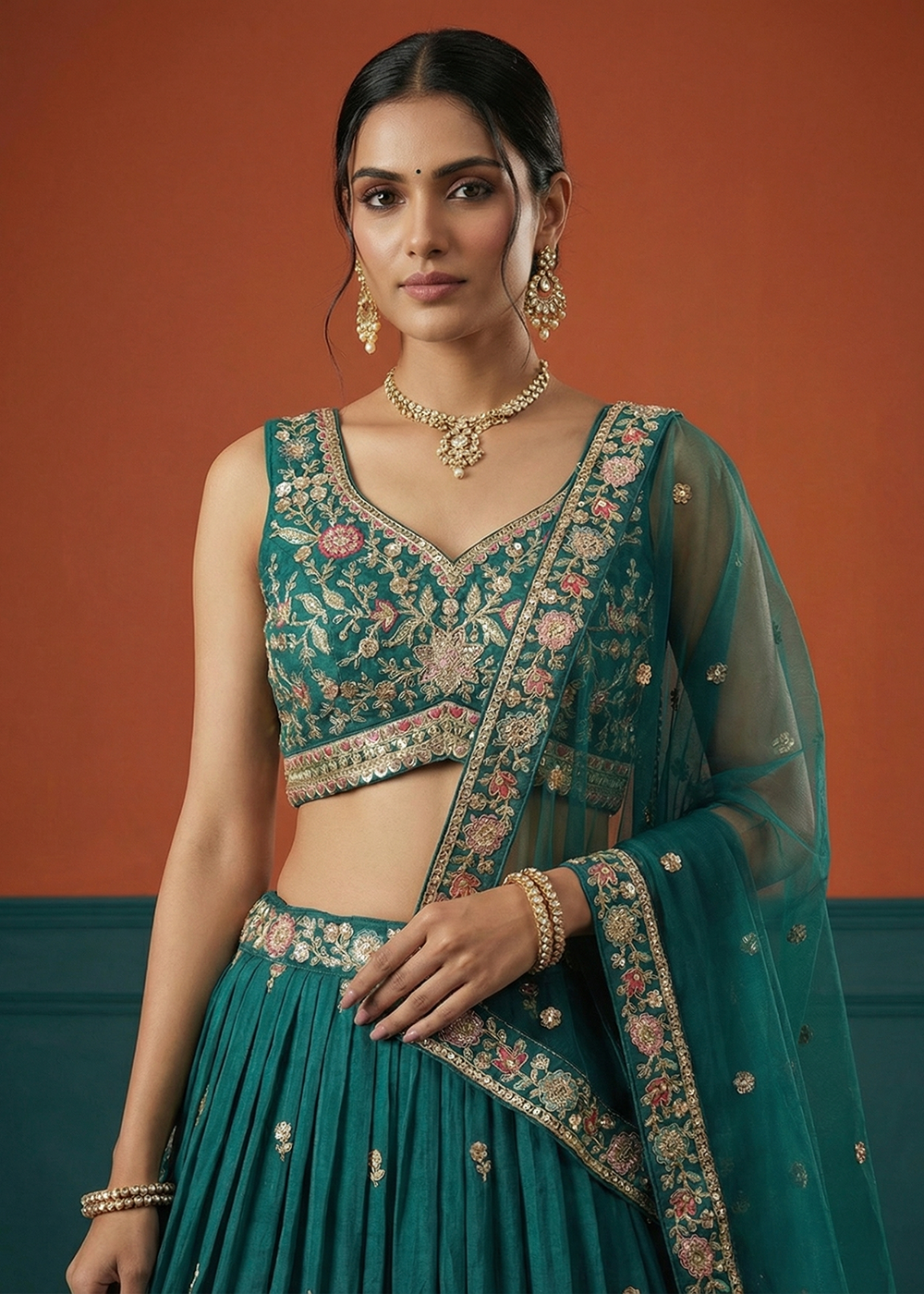 Buy Now Green Georgette Sequins Embroidered Festive Lehenga Choli Online in US, UK, Canada, France, Italy, Germany, Sweden, Austria, UAE & Worldwide at Empress.