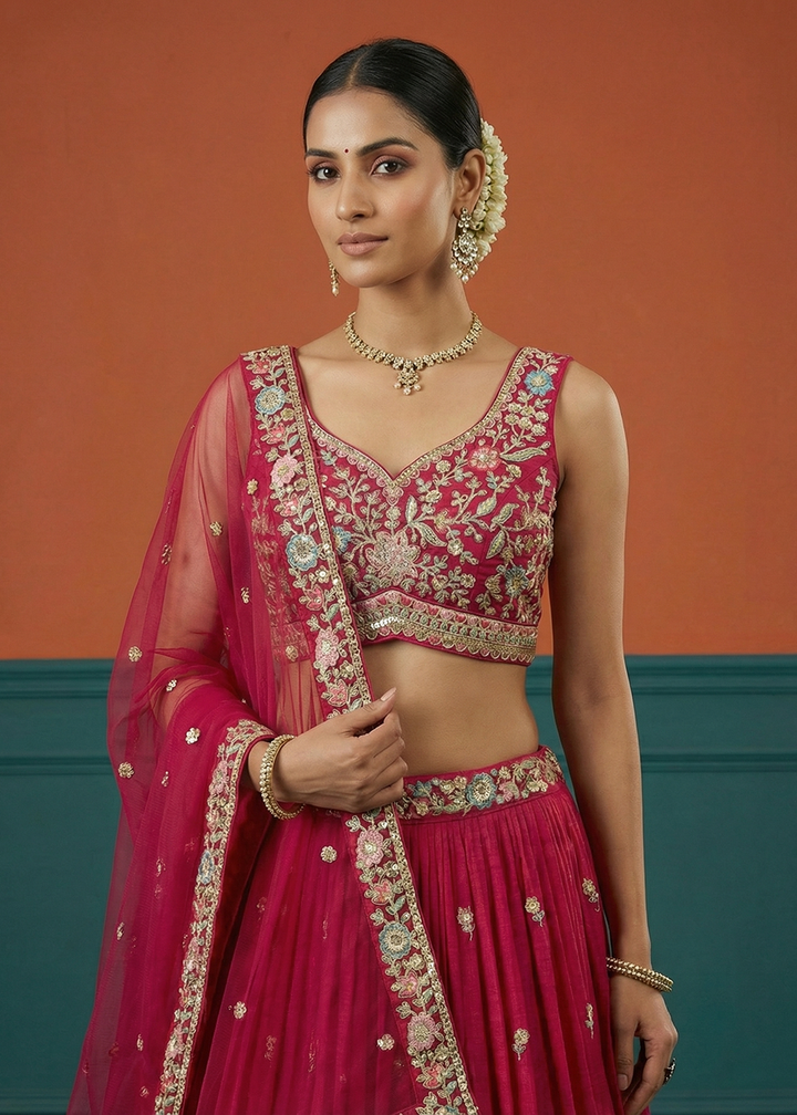 Buy Now Pink Georgette Sequins Embroidered Festive Lehenga Choli Online in US, UK, Canada, France, Italy, Germany, Sweden, Austria, UAE &amp; Worldwide at Empress.