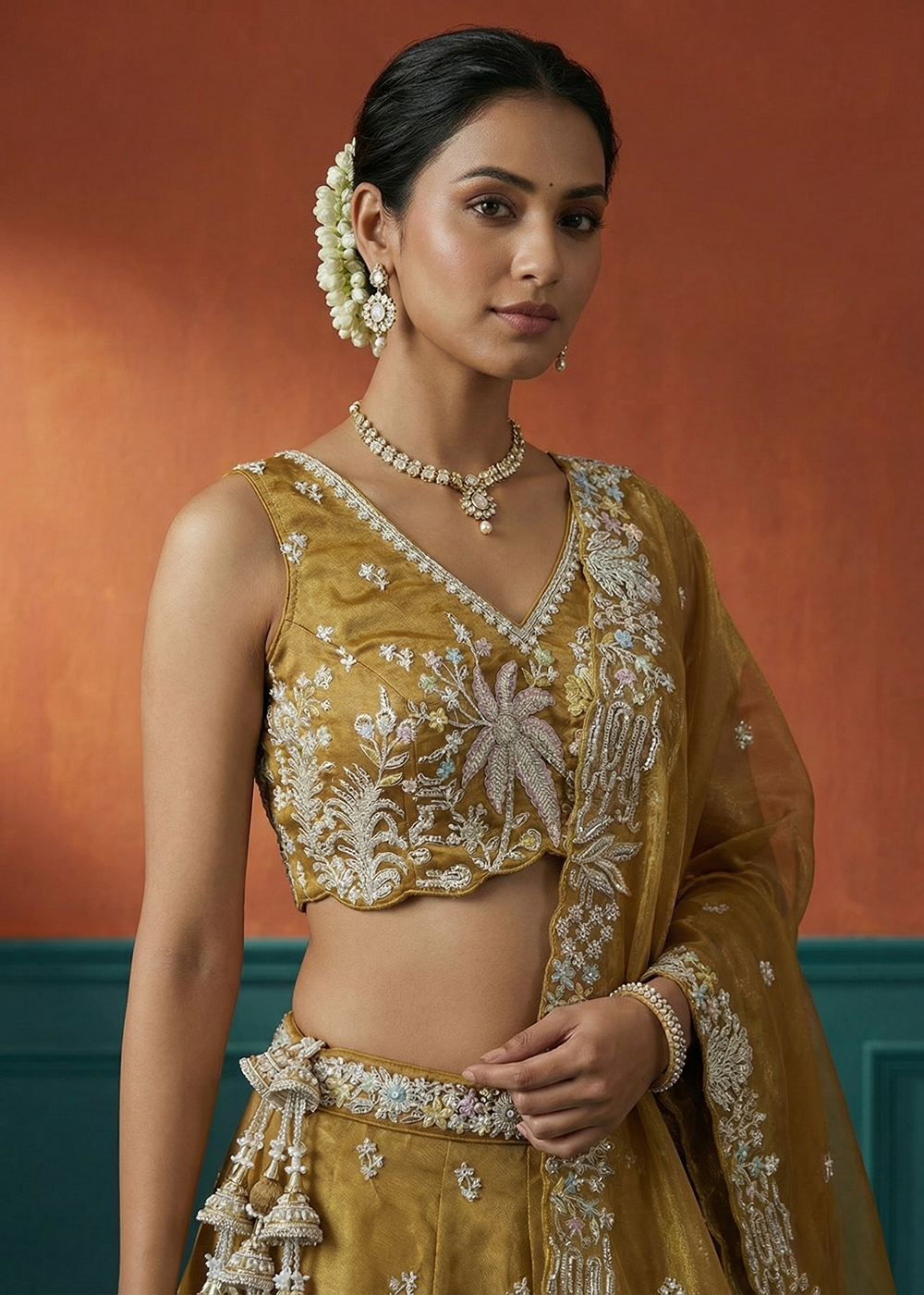 Buy Now Women's Mustard Tissue Moti with Embroidered Lehenga Choli Online in US, UK, Canada, France, Italy, Germany, Sweden, Austria & Worldwide at Empress.