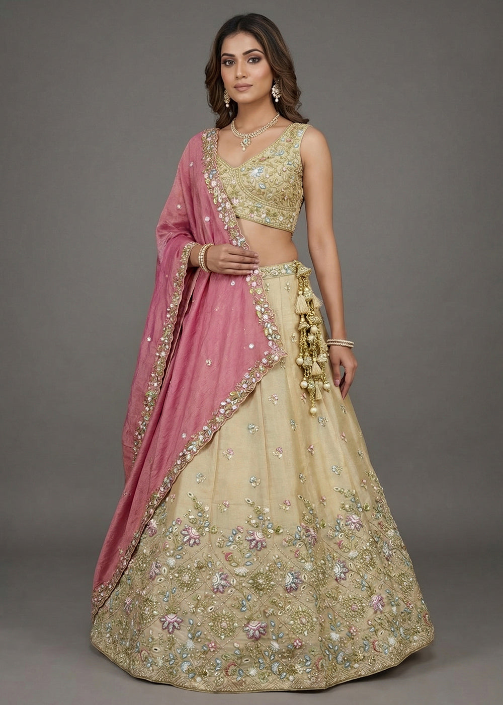 Buy Now Designer Style Beige & Pink Color Bridesmaids Lehenga Choli Online in US, UK, Canada, France, Italy, Germany, Sweden, Austria & Worldwide at Empress.