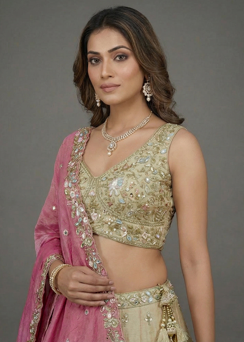 Buy Now Designer Style Beige & Pink Color Bridesmaids Lehenga Choli Online in US, UK, Canada, France, Italy, Germany, Sweden, Austria & Worldwide at Empress.
