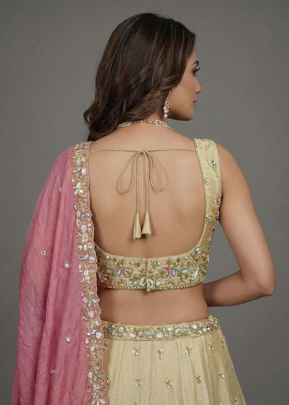 Buy Now Designer Style Beige &amp; Pink Color Bridesmaids Lehenga Choli Online in US, UK, Canada, France, Italy, Germany, Sweden, Austria &amp; Worldwide at Empress.