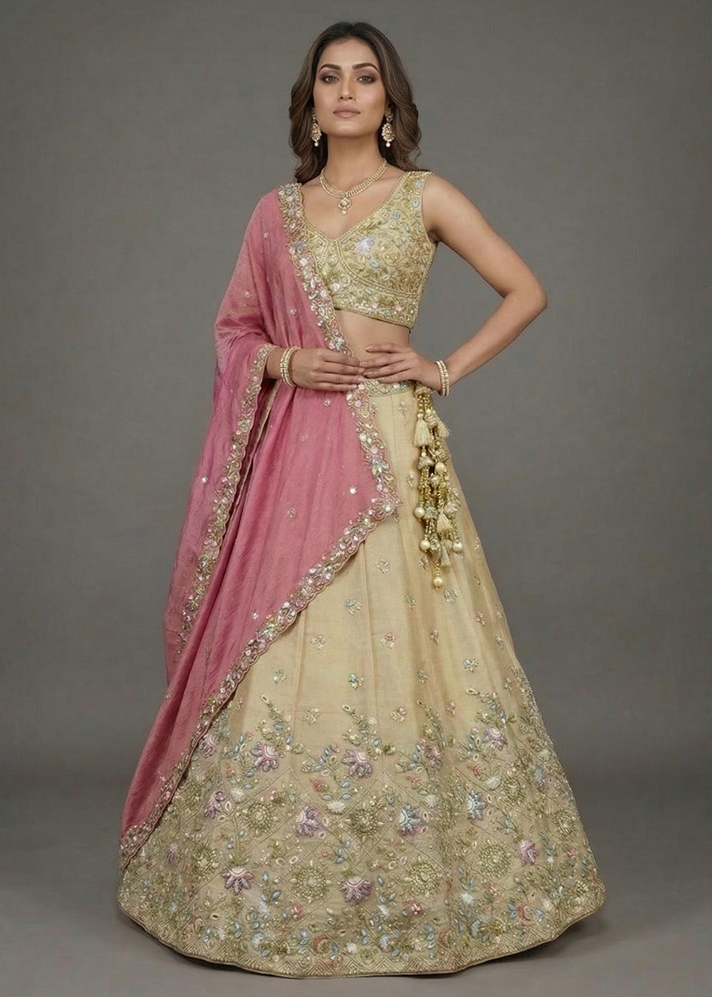 Buy Now Designer Style Beige &amp; Pink Color Bridesmaids Lehenga Choli Online in US, UK, Canada, France, Italy, Germany, Sweden, Austria &amp; Worldwide at Empress.