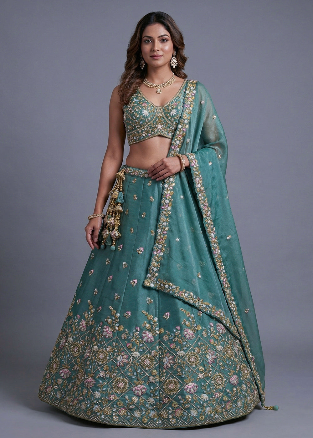 Buy Now Designer Style Green Color Bridesmaids Lehenga Choli Online in US, UK, Canada, France, Italy, Germany, Sweden, Austria, UAE & Worldwide at Empress.