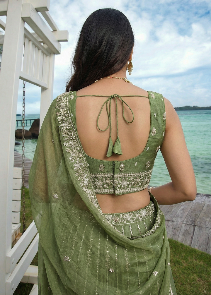 Buy Now Wedding Style Mehndi Green Chiffon Lehenga Choli Online in US, UK, Canada, France, Italy, Germany, Sweden, Austria, Switzerland &amp; Worldwide at Empress.
