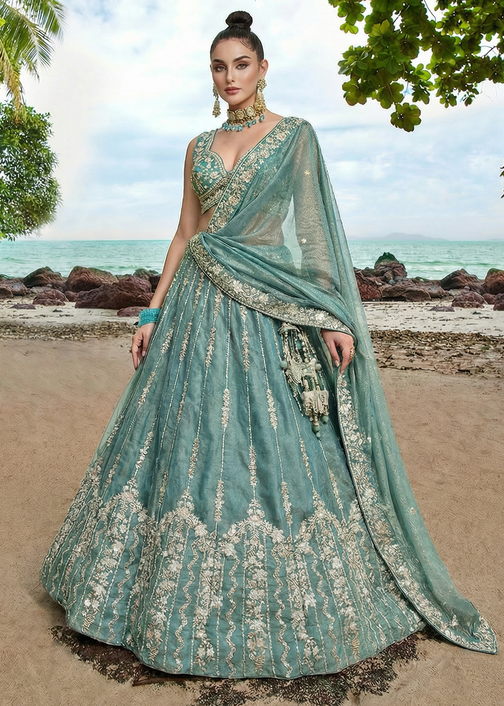 Buy Now Wedding Style Sky Blue Chiffon Lehenga Choli Online in US, UK, Canada, France, Italy, Germany, Sweden, Austria, Switzerland, UAE & Worldwide at Empress.