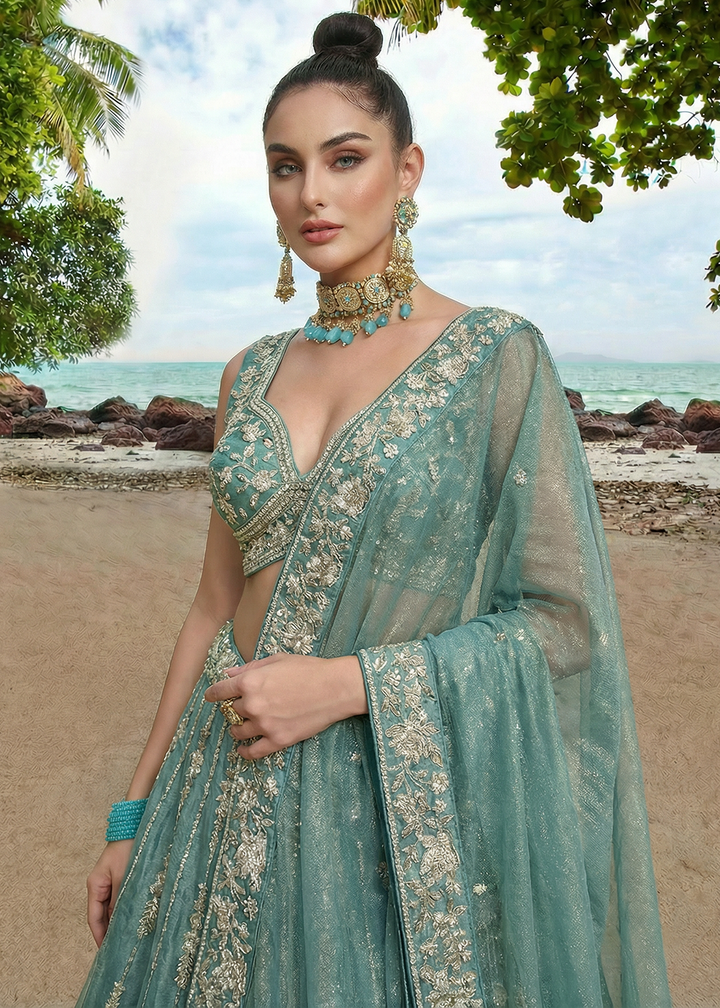 Buy Now Wedding Style Sky Blue Chiffon Lehenga Choli Online in US, UK, Canada, France, Italy, Germany, Sweden, Austria, Switzerland, UAE &amp; Worldwide at Empress.