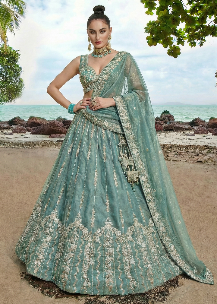 Buy Now Wedding Style Sky Blue Chiffon Lehenga Choli Online in US, UK, Canada, France, Italy, Germany, Sweden, Austria, Switzerland, UAE &amp; Worldwide at Empress.