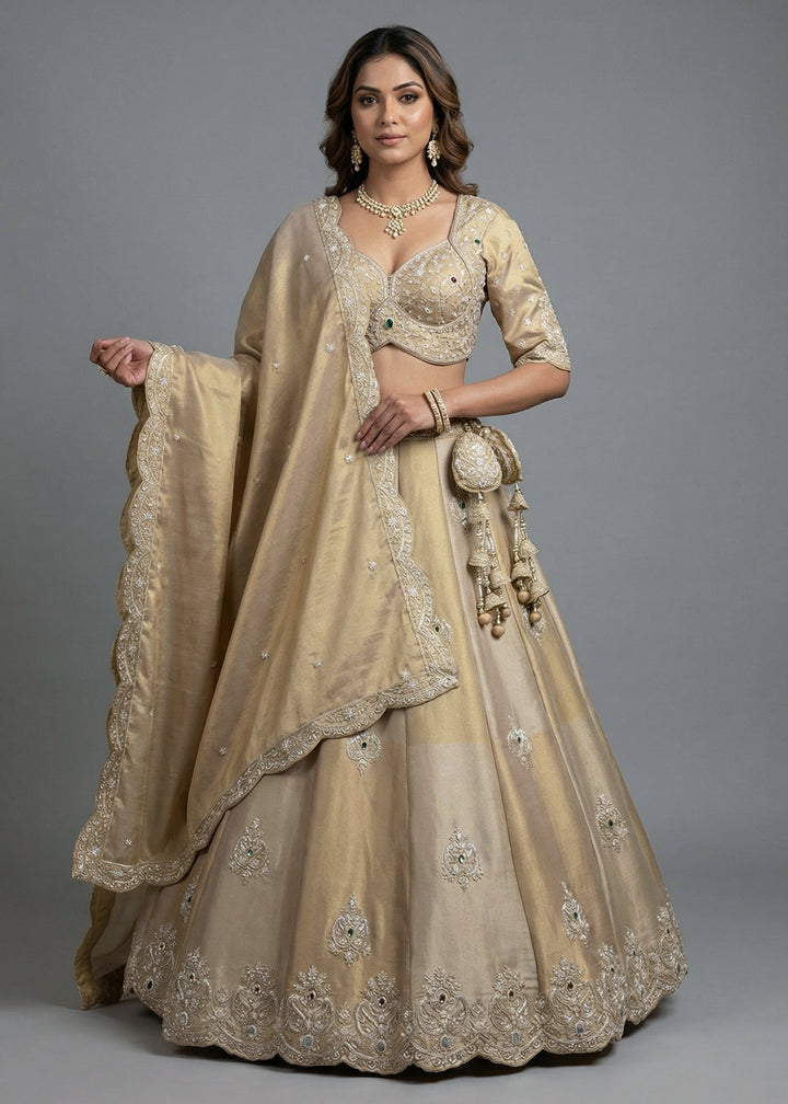 Buy Now Golden Brown Tissue Material Wedding Wear Lehenga Choli Online in US, UK, Canada, France, Italy, Germany, Sweden, Austria, Switzerland, UAE &amp; Worldwide at Empress.