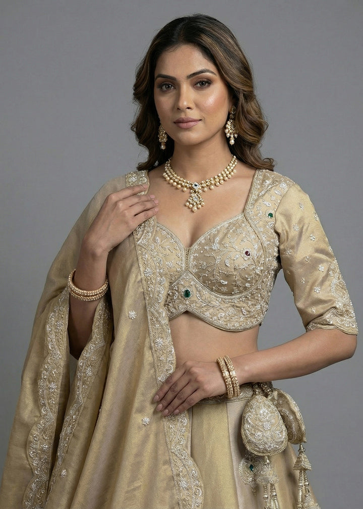 Buy Now Golden Brown Tissue Material Wedding Wear Lehenga Choli Online in US, UK, Canada, France, Italy, Germany, Sweden, Austria, Switzerland, UAE &amp; Worldwide at Empress.