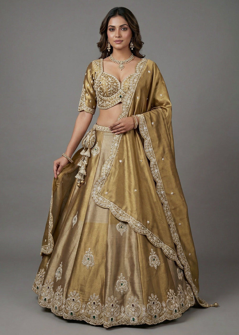 Buy Now Golden Beige Tissue Material Wedding Wear Lehenga Choli Online in US, UK, Canada, France, Italy, Germany, Sweden, Austria, Switzerland, UAE & Worldwide at Empress