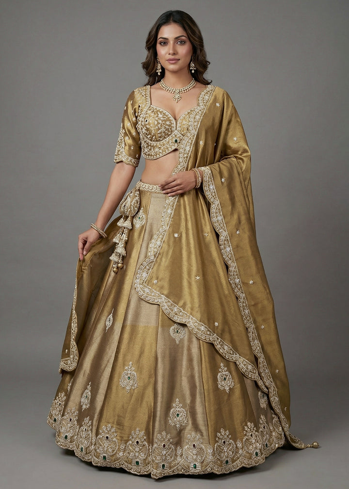 Buy Now Golden Beige Tissue Material Wedding Wear Lehenga Choli Online in US, UK, Canada, France, Italy, Germany, Sweden, Austria, Switzerland, UAE &amp; Worldwide at Empress