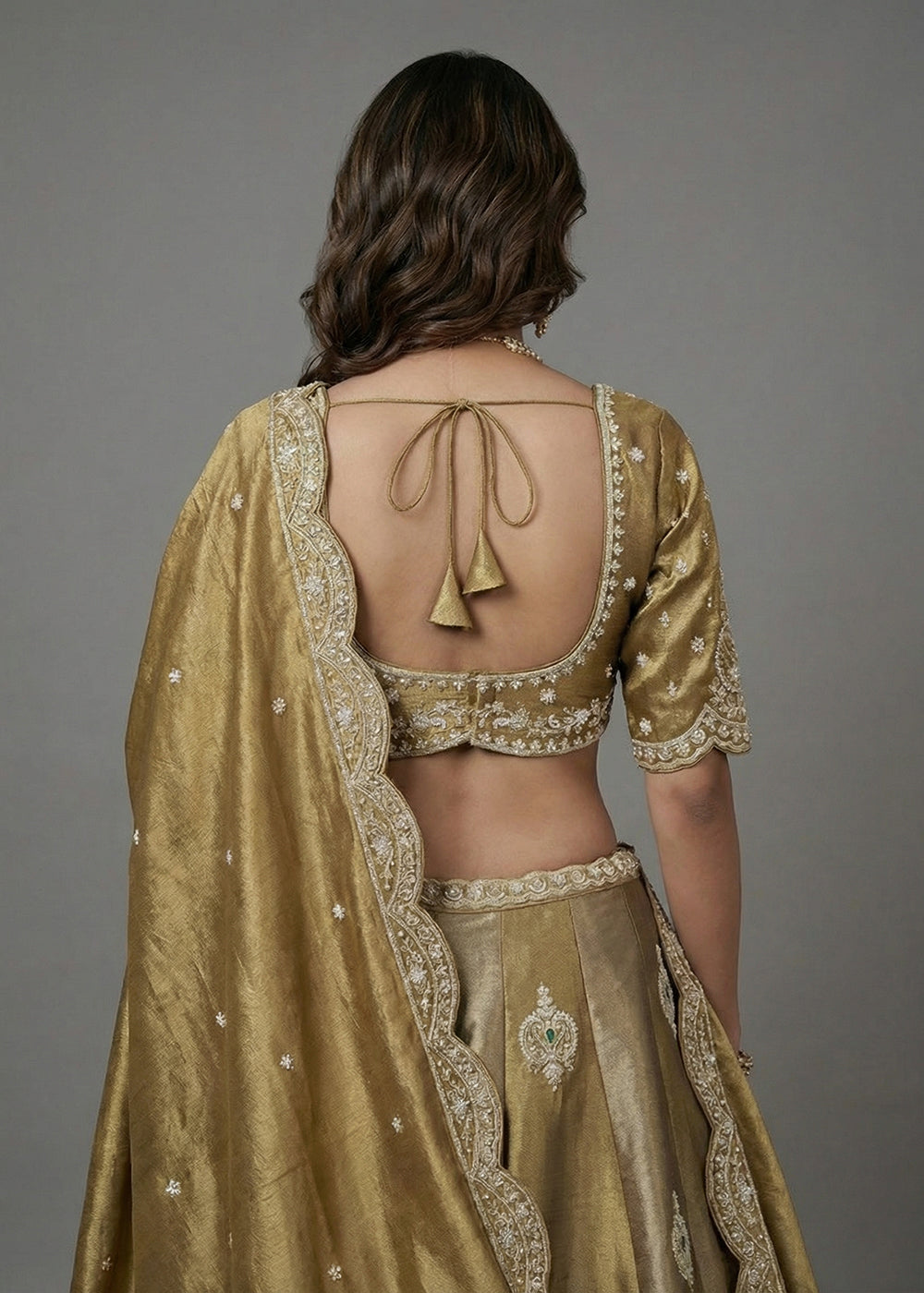 Buy Now Golden Beige Tissue Material Wedding Wear Lehenga Choli Online in US, UK, Canada, France, Italy, Germany, Sweden, Austria, Switzerland, UAE &amp; Worldwide at Empress