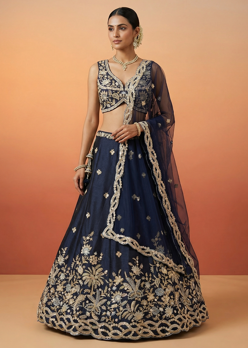 Buy Now Blue Tissue Beads Embroidered Engagement Lehenga Choli Online in US, UK, Canada, France, Italy, Germany, Sweden, Austria, UAE & Worldwide at Empress.