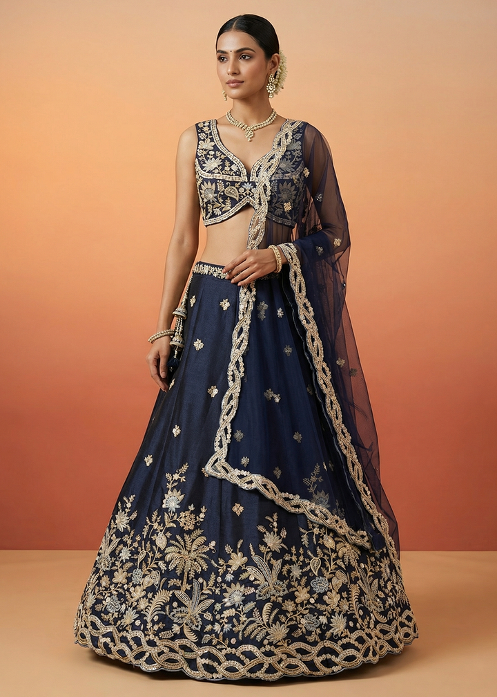 Buy Now Blue Tissue Beads Embroidered Engagement Lehenga Choli Online in US, UK, Canada, France, Italy, Germany, Sweden, Austria, UAE &amp; Worldwide at Empress.