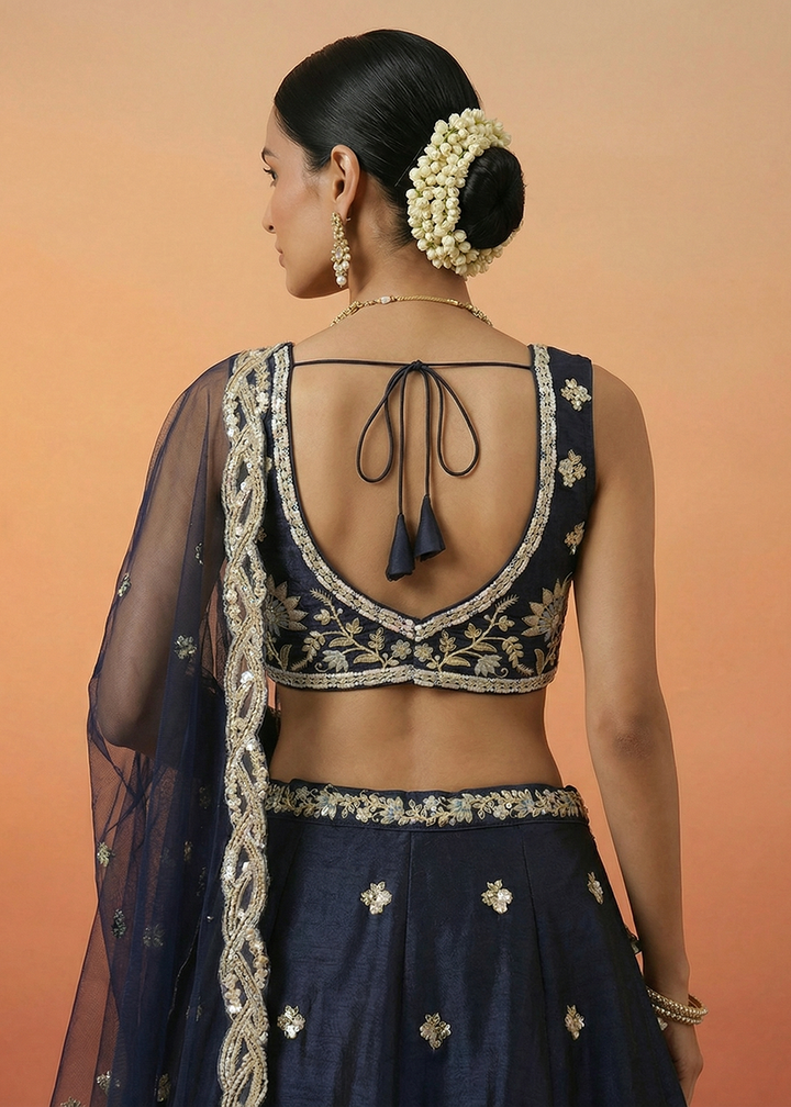 Buy Now Blue Tissue Beads Embroidered Engagement Lehenga Choli Online in US, UK, Canada, France, Italy, Germany, Sweden, Austria, UAE &amp; Worldwide at Empress.